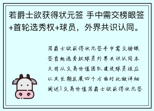 若爵士欲获得状元签 手中需交榜眼签+首轮选秀权+球员，外界共识认同。